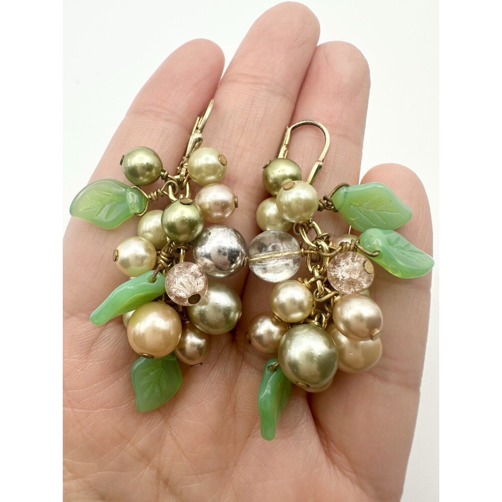 Vintage Green Leaf Plastic Pearl Grapes Fruit Dangle Earrings Gold Over Sterling
